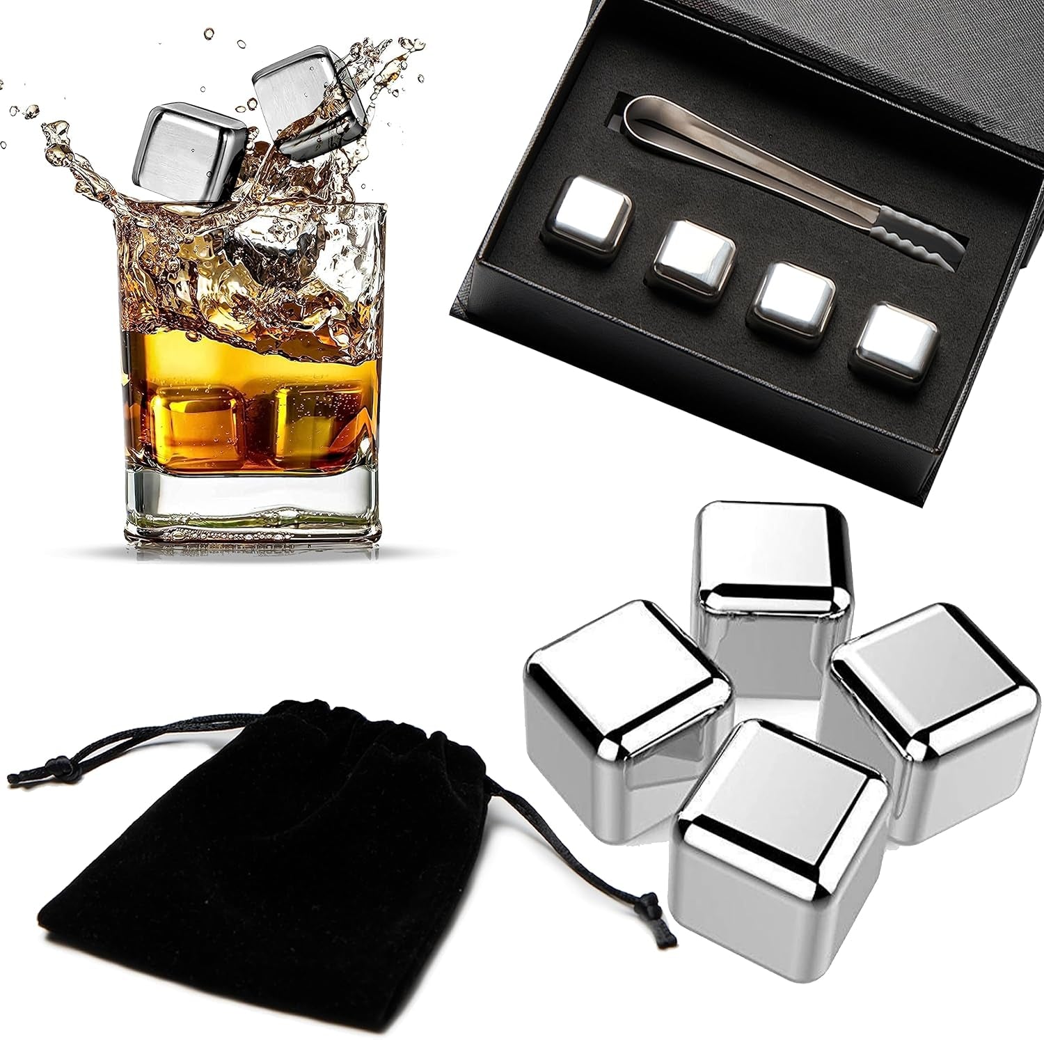 Stainless Steel Whiskey Stones Set with Tongs - 4 Pieces, Waterless Cooling for Drinks - Gift Set for Men