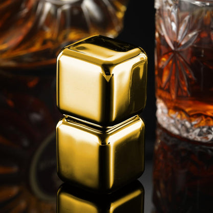 "Set of 2 Large Gold Whiskey Stones - 64 cm³ Stainless Steel Ice Spheres for Chilling Whiskey, Wine, Beer, Scotch, and Vodka - Perfect Gift"